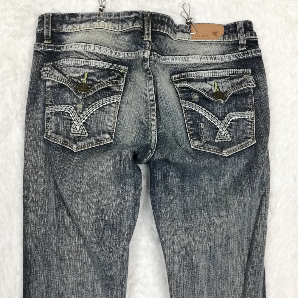 Vigoss Womens Jeans Flare Low Flap Pocket Blue Denim Vintage Wash Distressed 7 - Picture 9 of 10